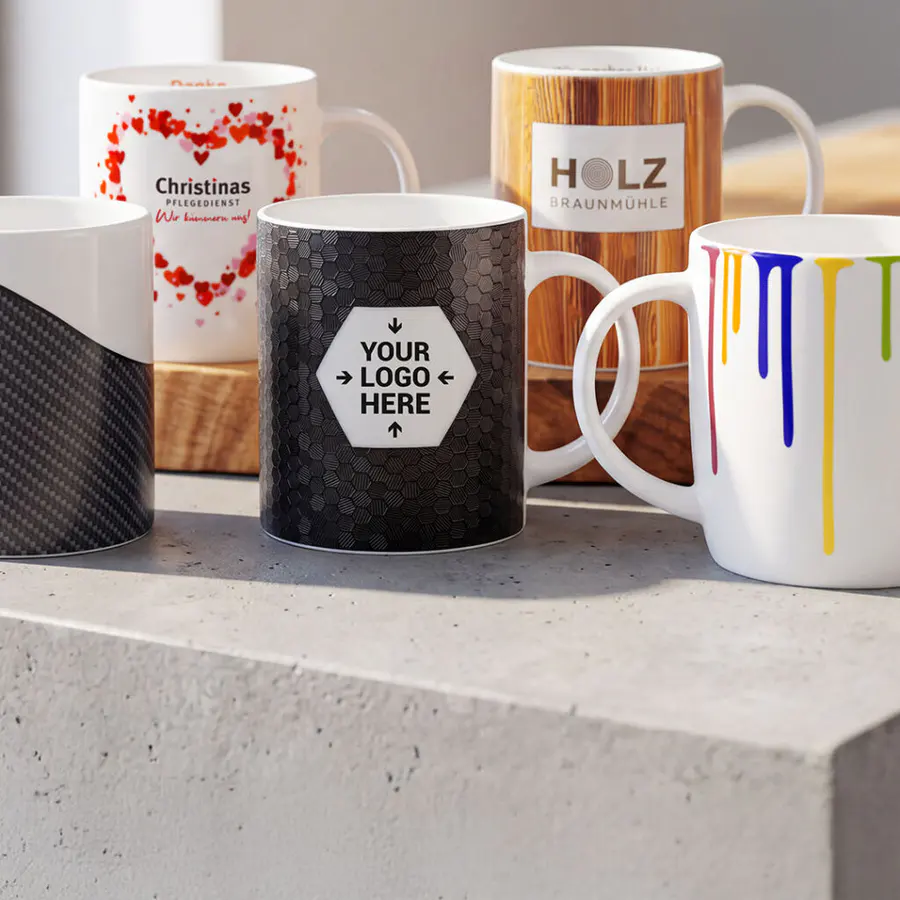 Mugs printed with a 'Your logo here' placeholder