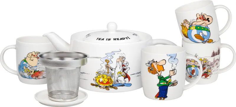 Set teapot with Lid & Strainer & 1 lid / coaster & 4 mugs in brown box - Tea is ready