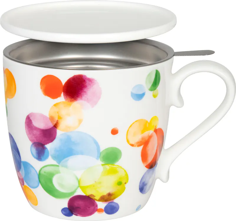 Tea Mug with Strainer, Lid & Sleeve Colourful Cast Bubbles