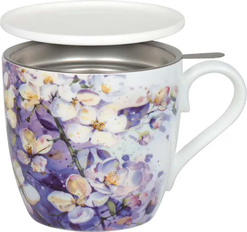 Tea Mug with Strainer, Lid & Sleeve Purple Blossoms