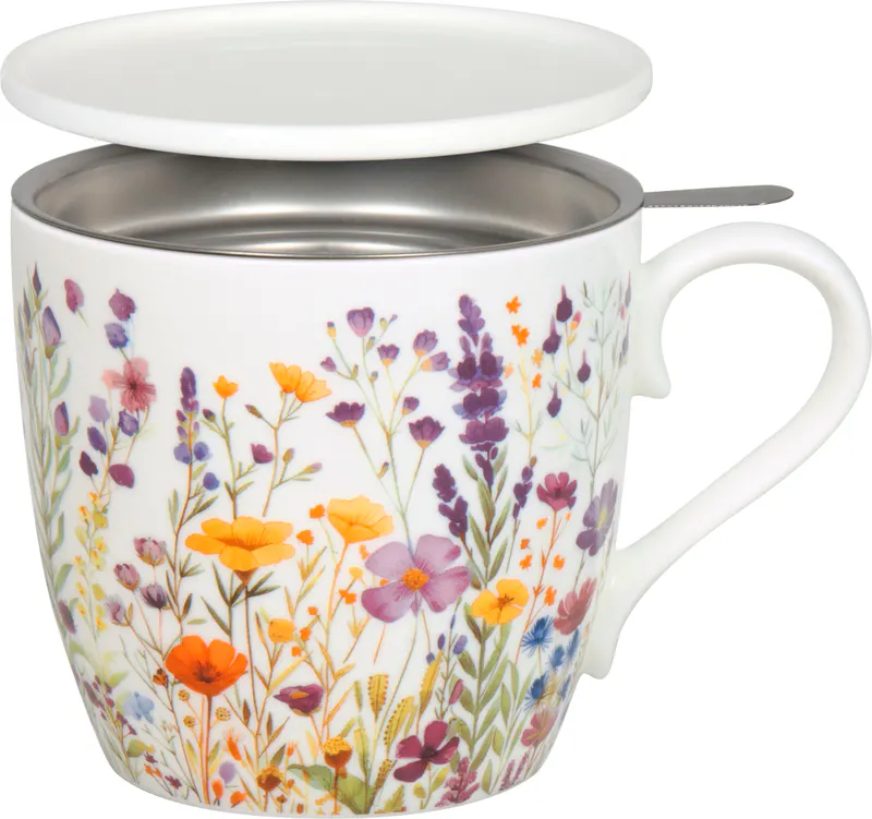 Tea Mug with Strainer, Lid & Sleeve wild flowers