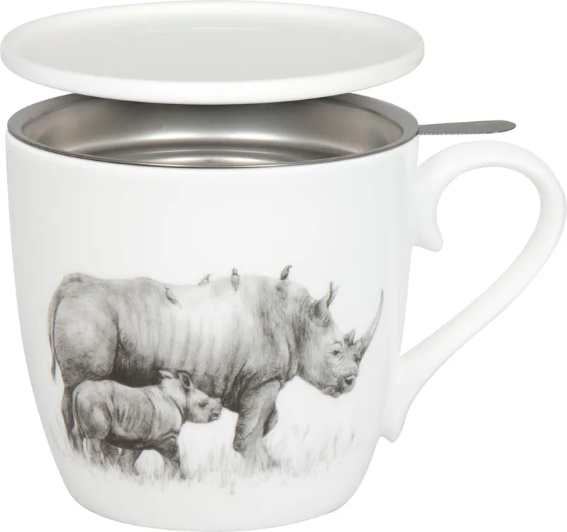 Tea Mug with Strainer, Lid & Sleeve Amazing Animals - Rhinos