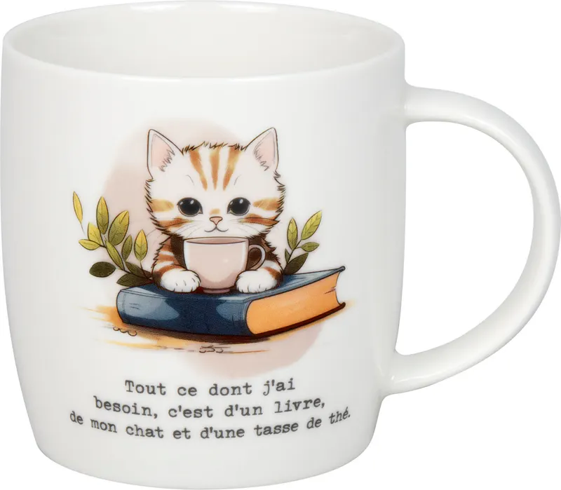 Mug books, cat & tea (French)