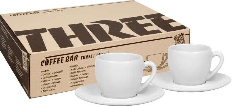 Set of 2 with Gift Box Coffee Bar THREE coffee cup with saucer 140 ml