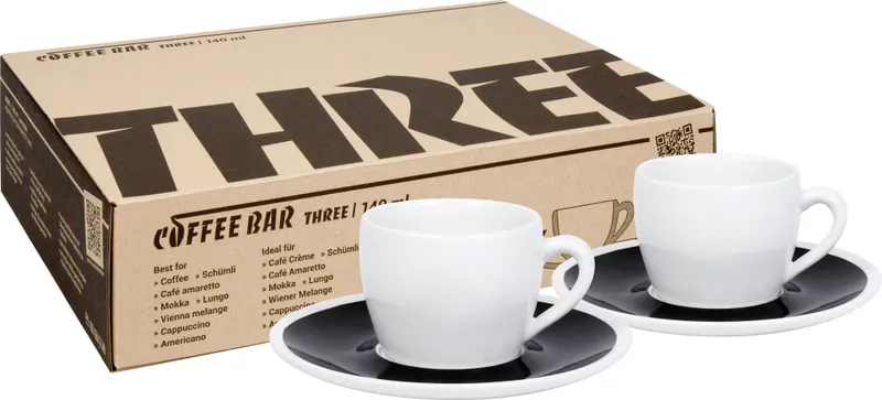 Set of 2 with Gift Box Coffee Bar THREE coffee cup with saucer 140 ml Black & White